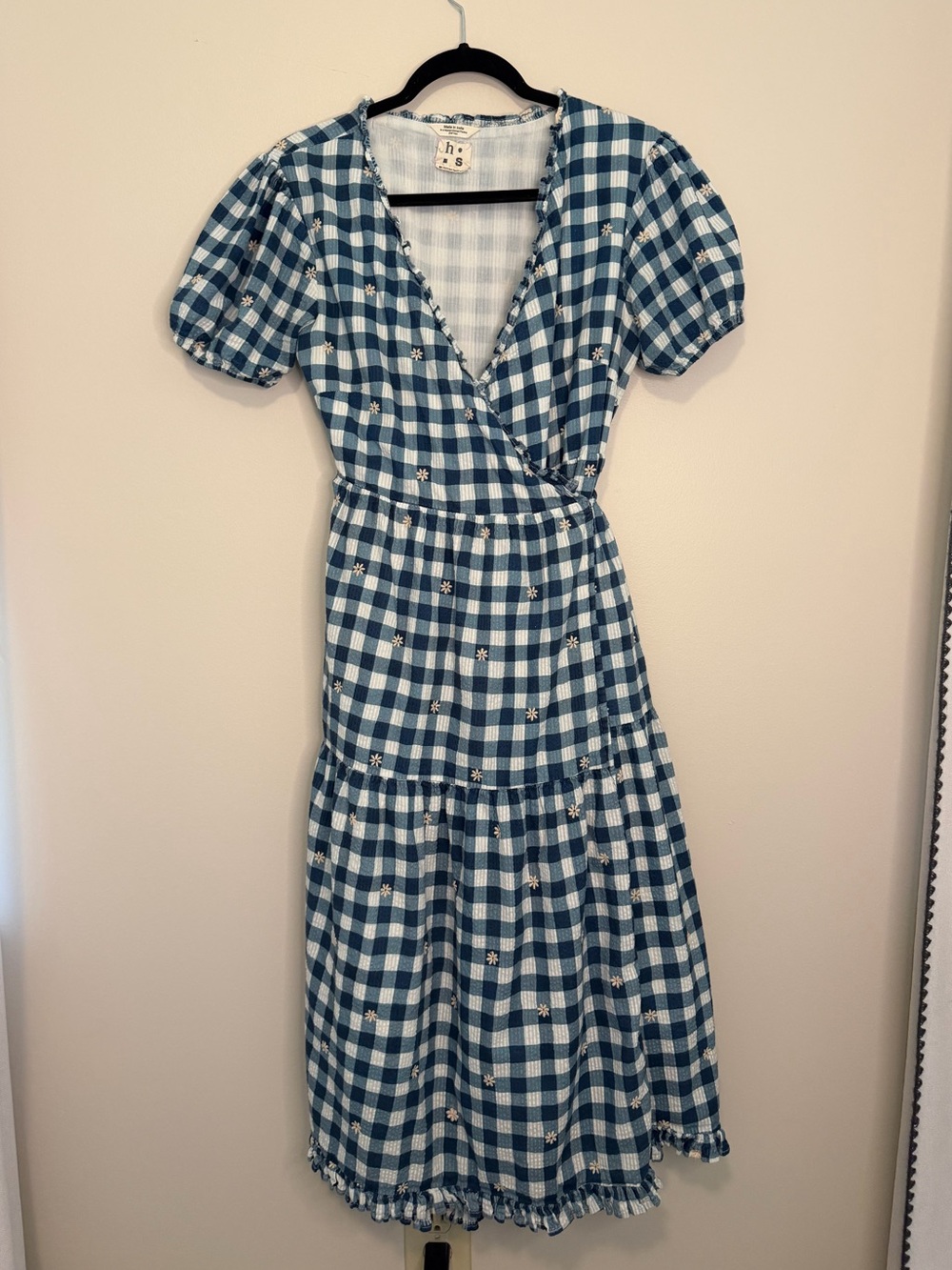 Harper Sage Blue Gingham Midi Wrap Dress w/ embroidered daisies M